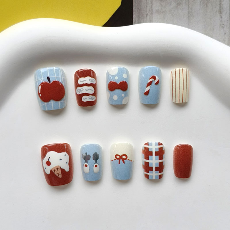 10Pcs 3D Apple Short Style Pre - Nail Art Press On 评论和价格