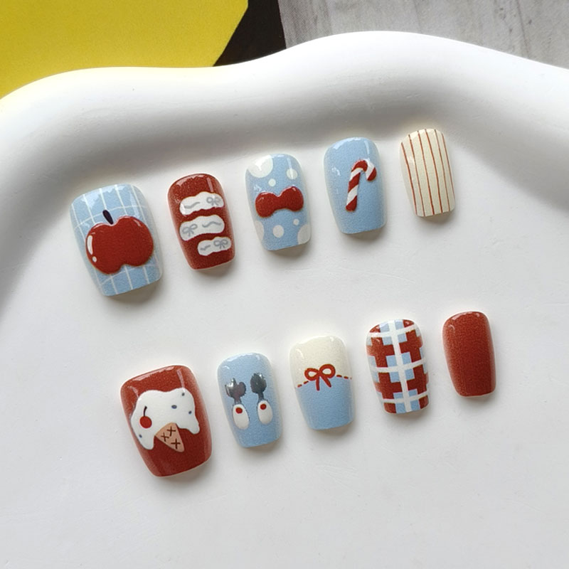 10Pcs 3D Apple Short Style Pre - Nail Art Press On 评论和价格