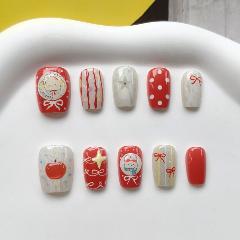 10Pcs 3D Apple Short Style Pre - Nail Art Press On 评论和价格