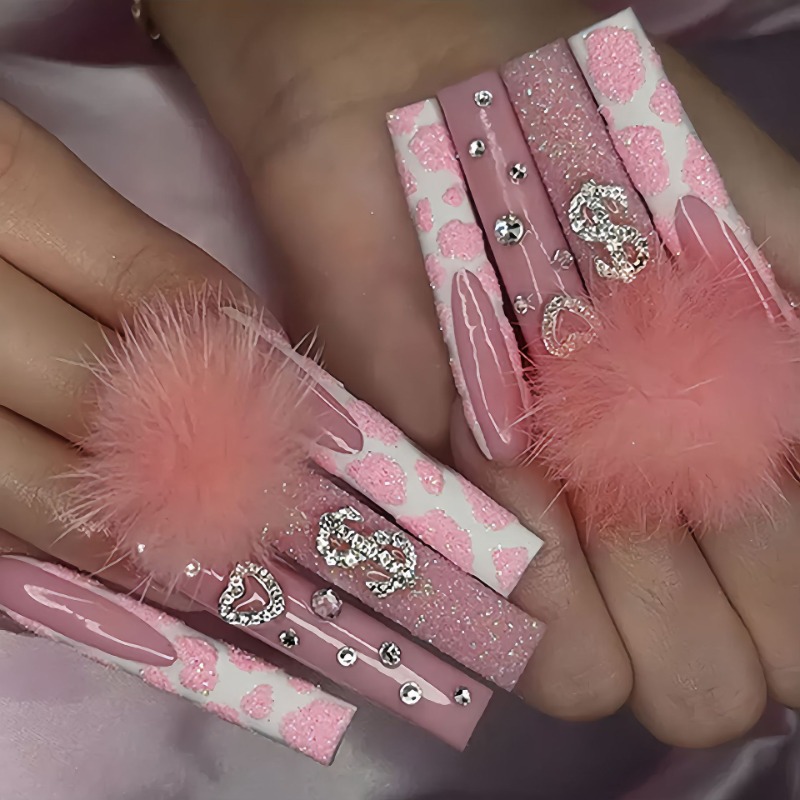 24Pcs Extra Long Square Press  - Nail Art Pink 评论和价格