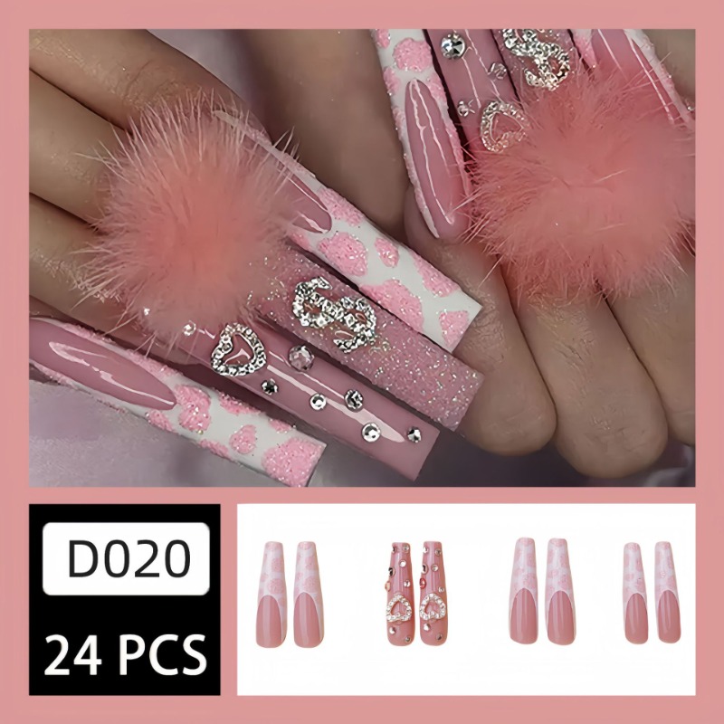 24Pcs Extra Long Square Press  - Nail Art Pink 评论和价格
